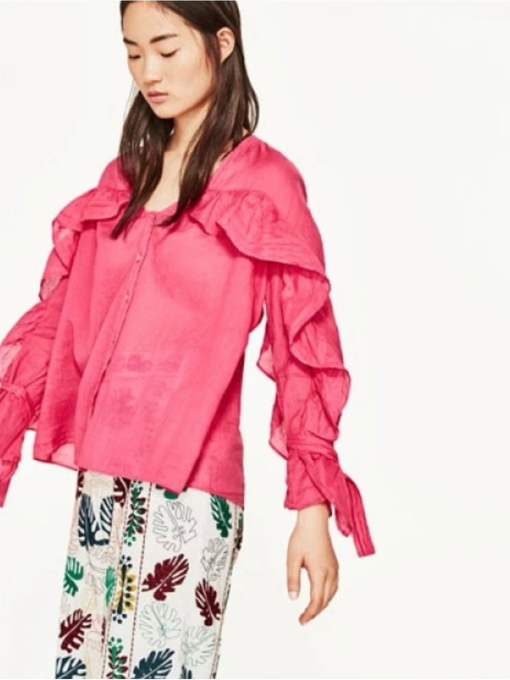 Zara Ruffled V-Neck Flutter Sleeve Blouse - Pink XS